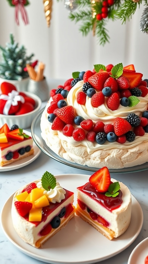 Summer Christmas desserts including pavlova with berries and cheesecake on a festive table.